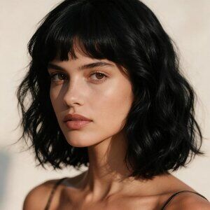 Women's Natural Black 14 Inch Curly Synthetic Cosplay Bangs Short Bob Wavy Wigs